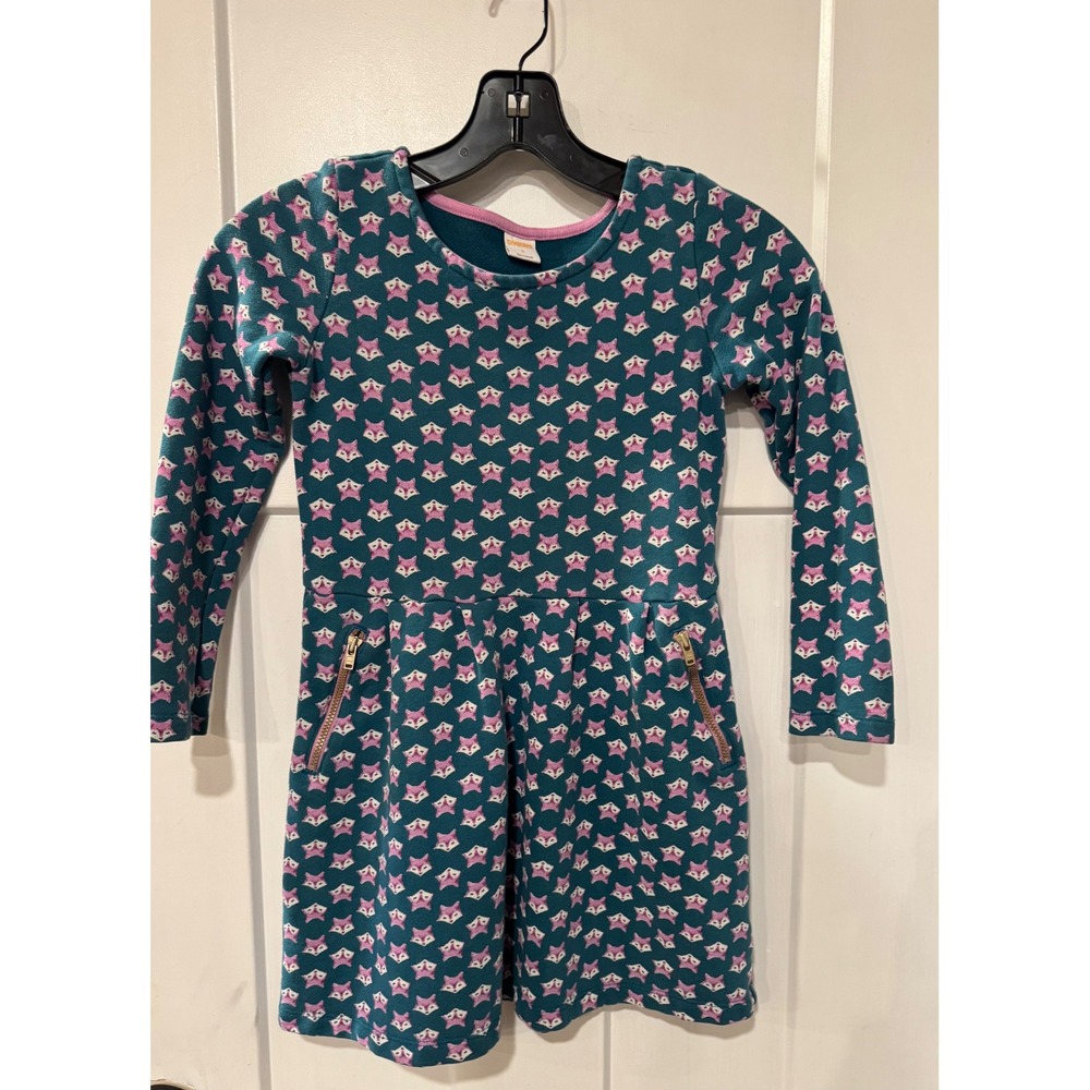 Gymboree Girls Teal Pink Fox Print Fleece Lined‎ Long Sleeve Dress Size 8